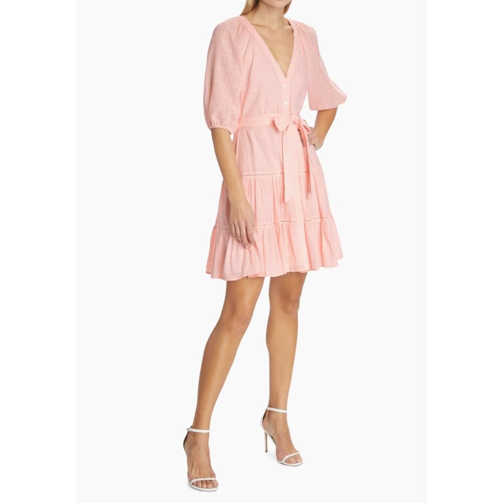 NEW Veronica Beard  Dewey Tiered pink haze Cotton Tie-Waist Minidress SIZE 10